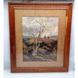 Tree over Derbyshire moor. Handmade using various fabrics, threads and textures. Framed
