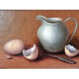 Seddon Joyce, SWA. Still life oil on board. Egg shells. 25 x 20cm inc gilt frame. Note. Still life