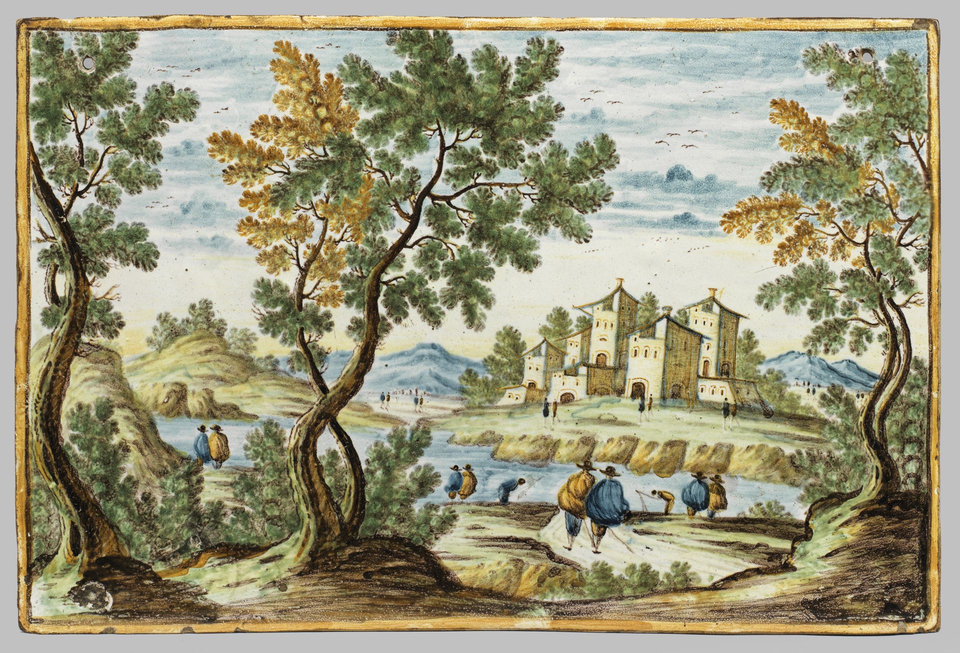 Castelli-Majolika-Bildplatte mit Landschaft