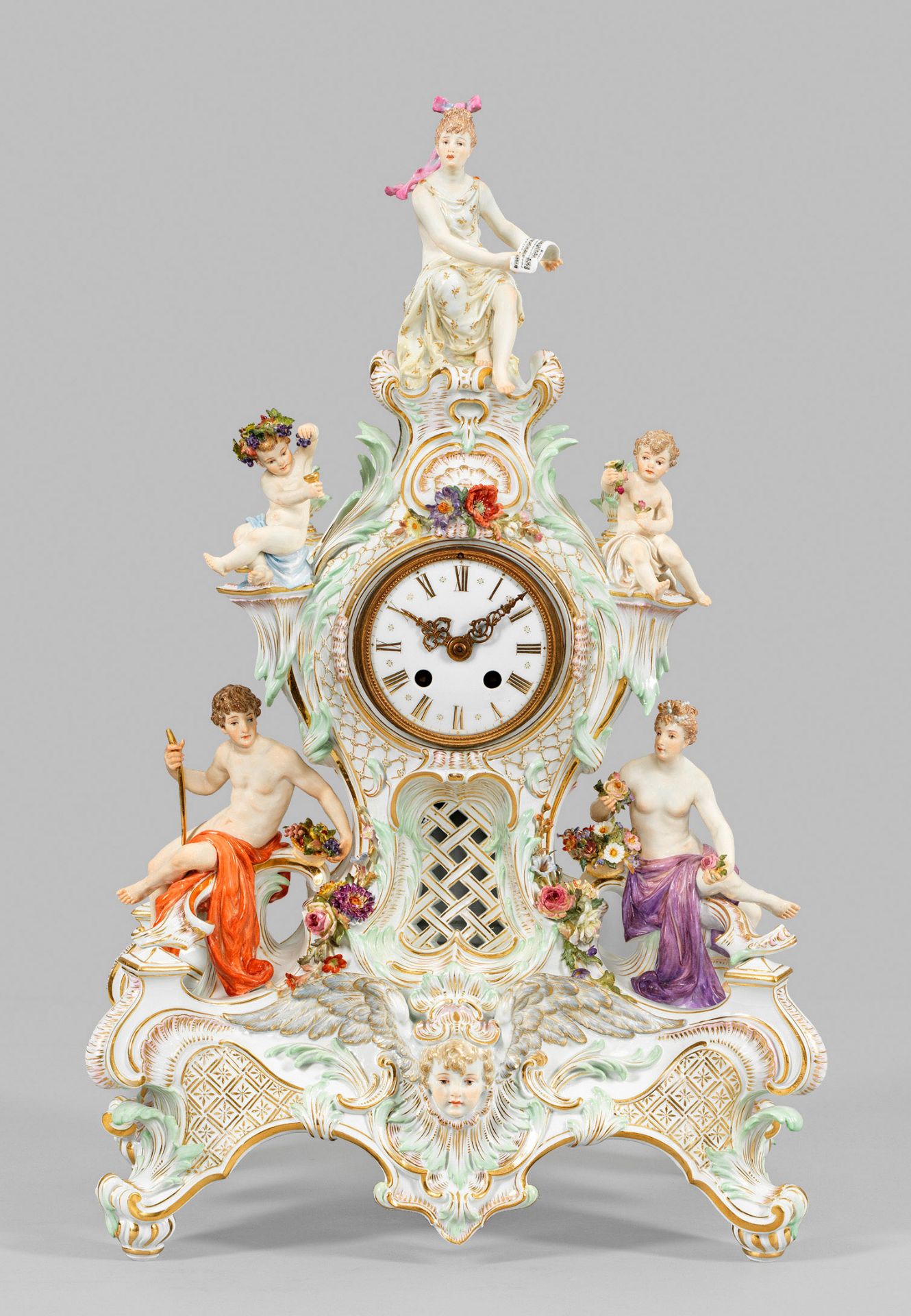 Prunkvolle Meissen Neorokoko-Pendule mit Flora und Zephyr