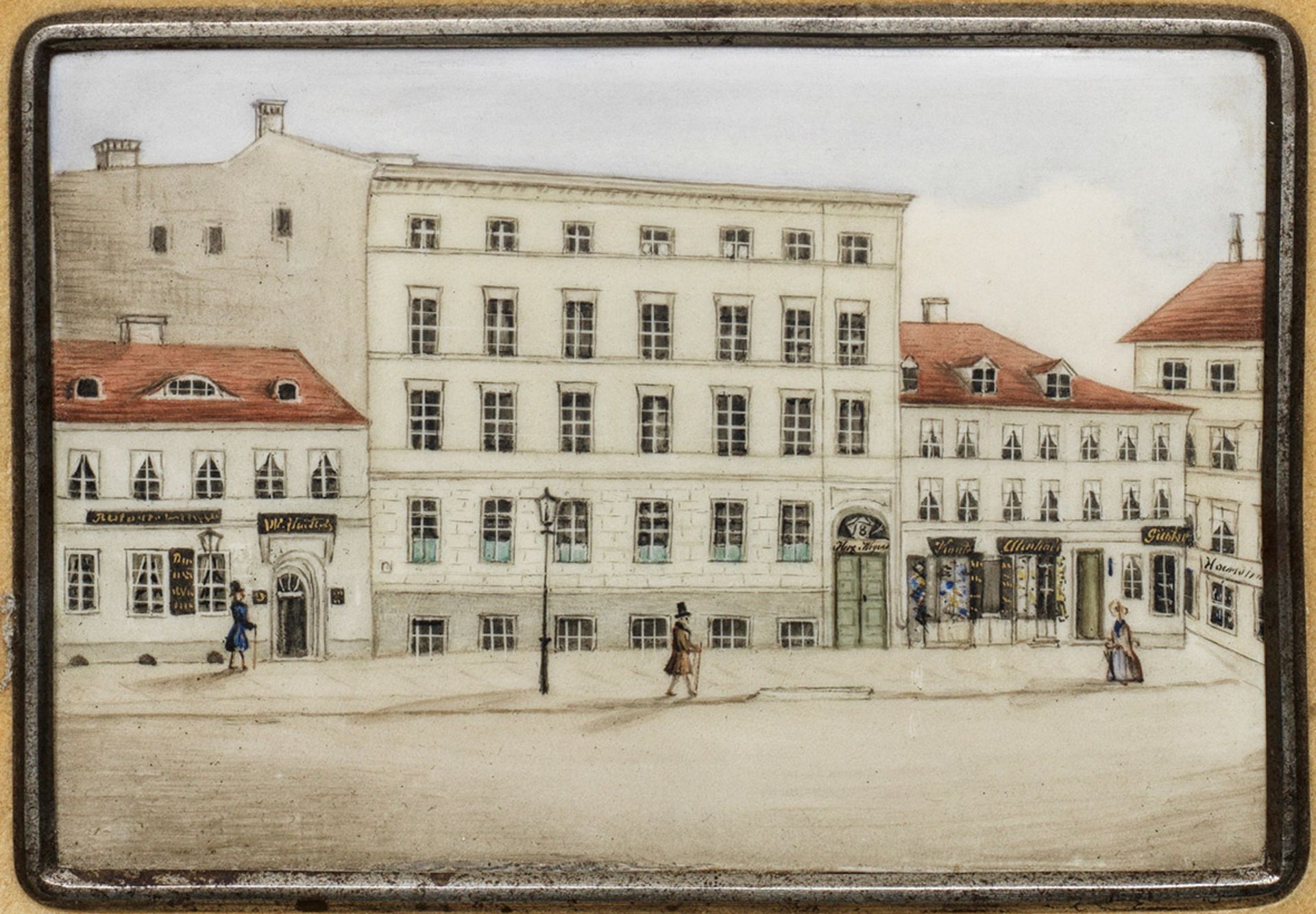 Biedermeier-Porzellanbild mit Berliner Straßenansicht