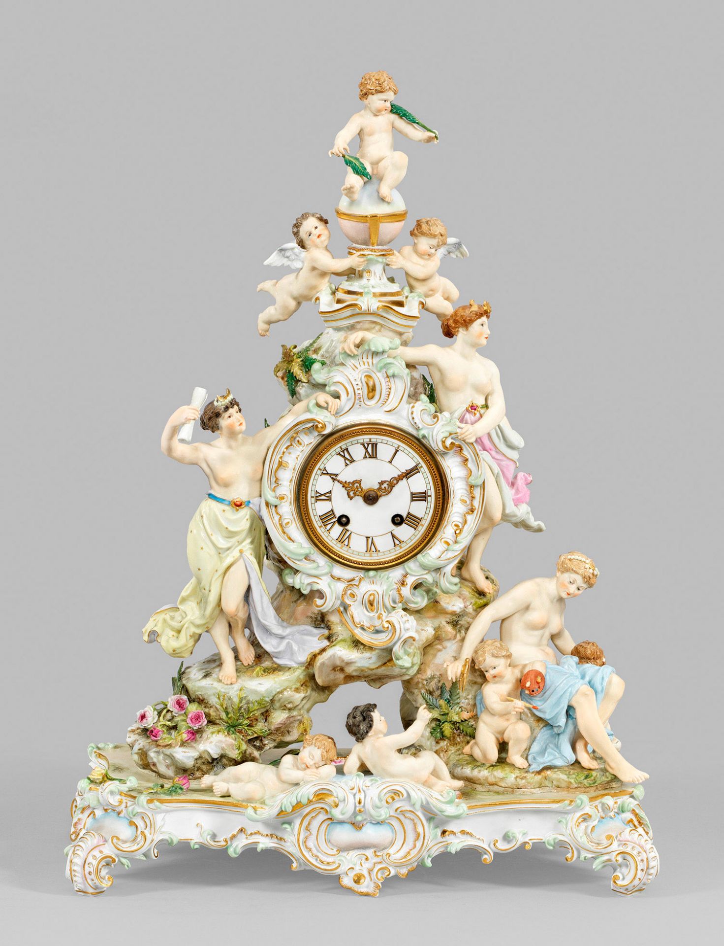 Prächtige Meissen Neorokoko-Pendule mit allegorischen