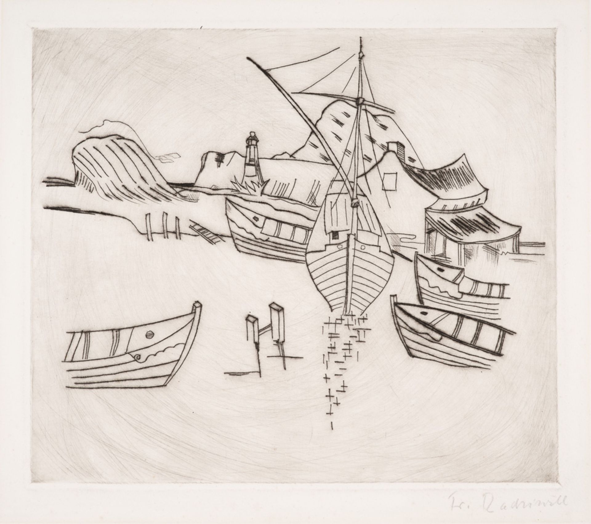 Franz Radziwill – Boote im Hafen mit Leuchtbake, 1922.