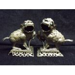 Pair of Unusual Chinese Pixiu or Mythical Beasts Gilt Bronze Candle Holders. Blue Resin Eyes. Male