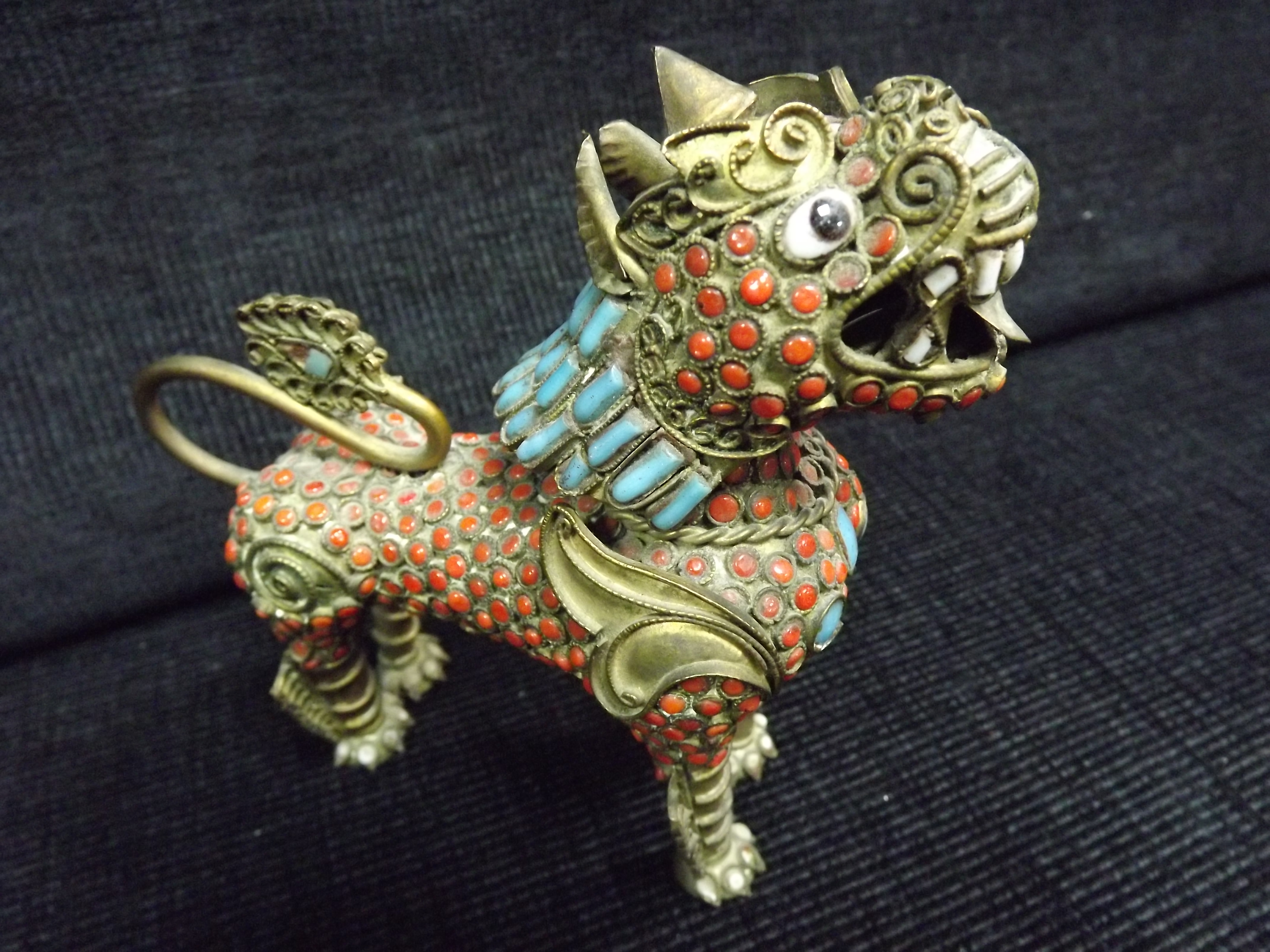 Chinese Gilt Metal and Cloisonne Enamel Qilin Figure. Fine detail, stone or glass eyes. White