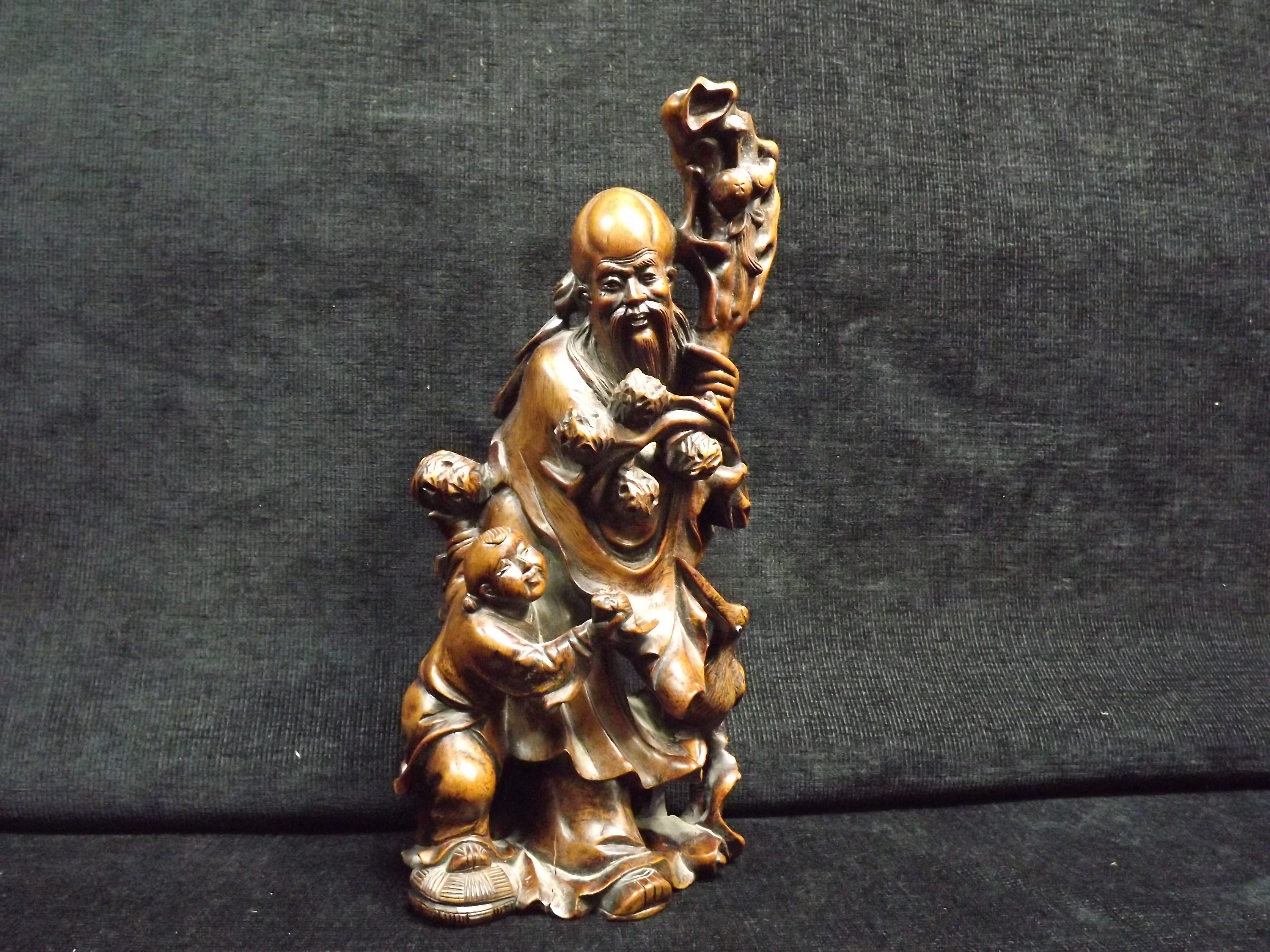 Chinese Hardwood Carving of Shou Lao. Carrying his gnarled staff with gourd bottle and a branch of - Image 2 of 9