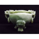 Chinese Greens and Celadon Jade Censor bowl. Lacking cover. Traditional loops and mask legs and