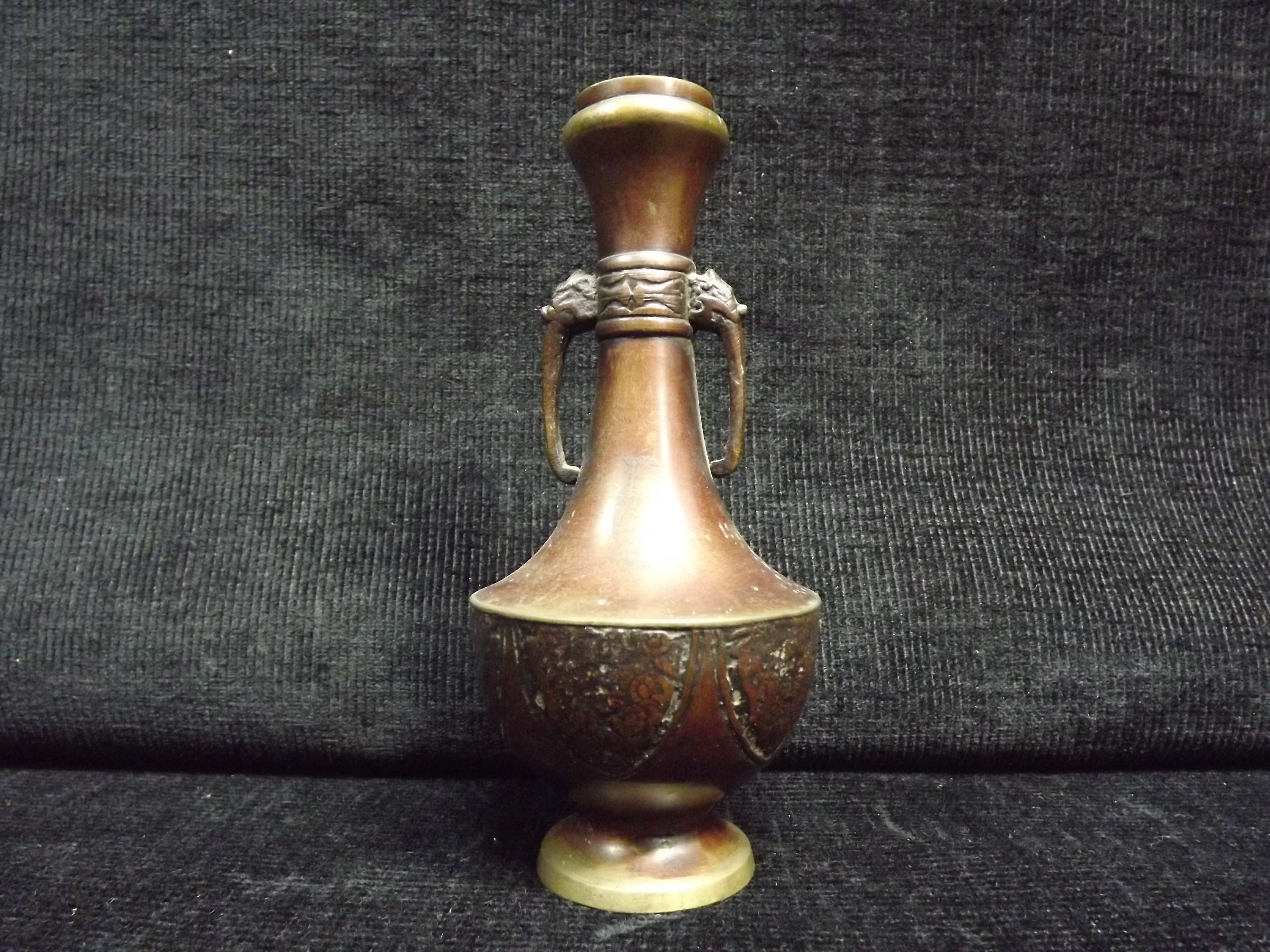 Chinese Small Copper Bronze Bud Vase. Elephant handles and Flowers in the Panels. Some age related