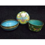 Chinese Cloisonne Enamel Green Butteryfly Cup and Circular Lidded Bowl decorated with an Imperial