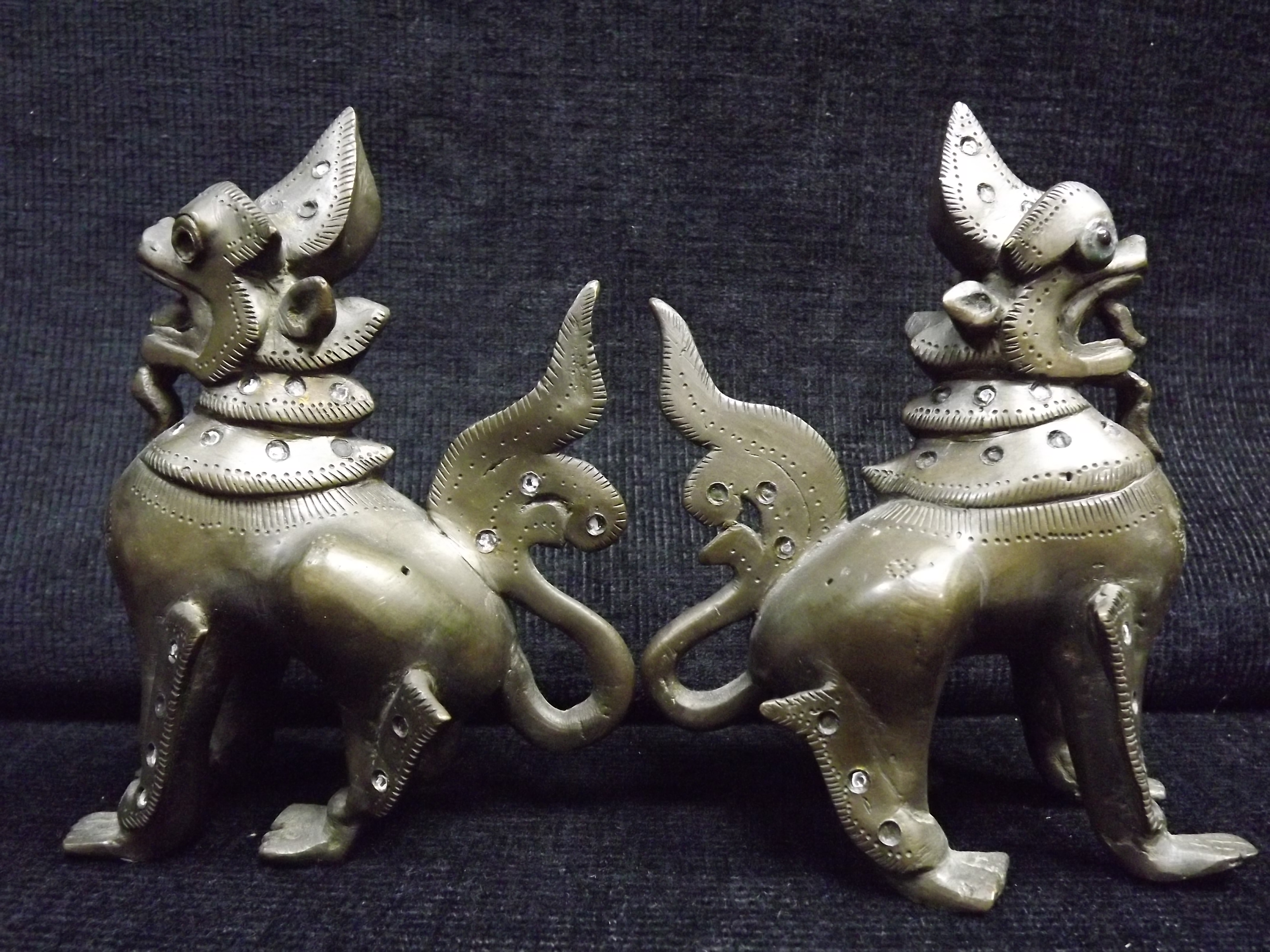 Pair of Chinese / Sino Tibetan - Gilt Bronze Mythical Beast. Glass or Stone Eyes and decoration. - Image 2 of 6