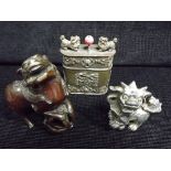 3 x Chinese / Sino Tibetian White Metal Foo / Lion Dogs with Brocade Balls. Cigarette Case decorated