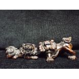 2 x Japanese Netsuke or Miniature Chinese Hardwood Carvings of Foo, Lion or Temple Dogs. Mythical