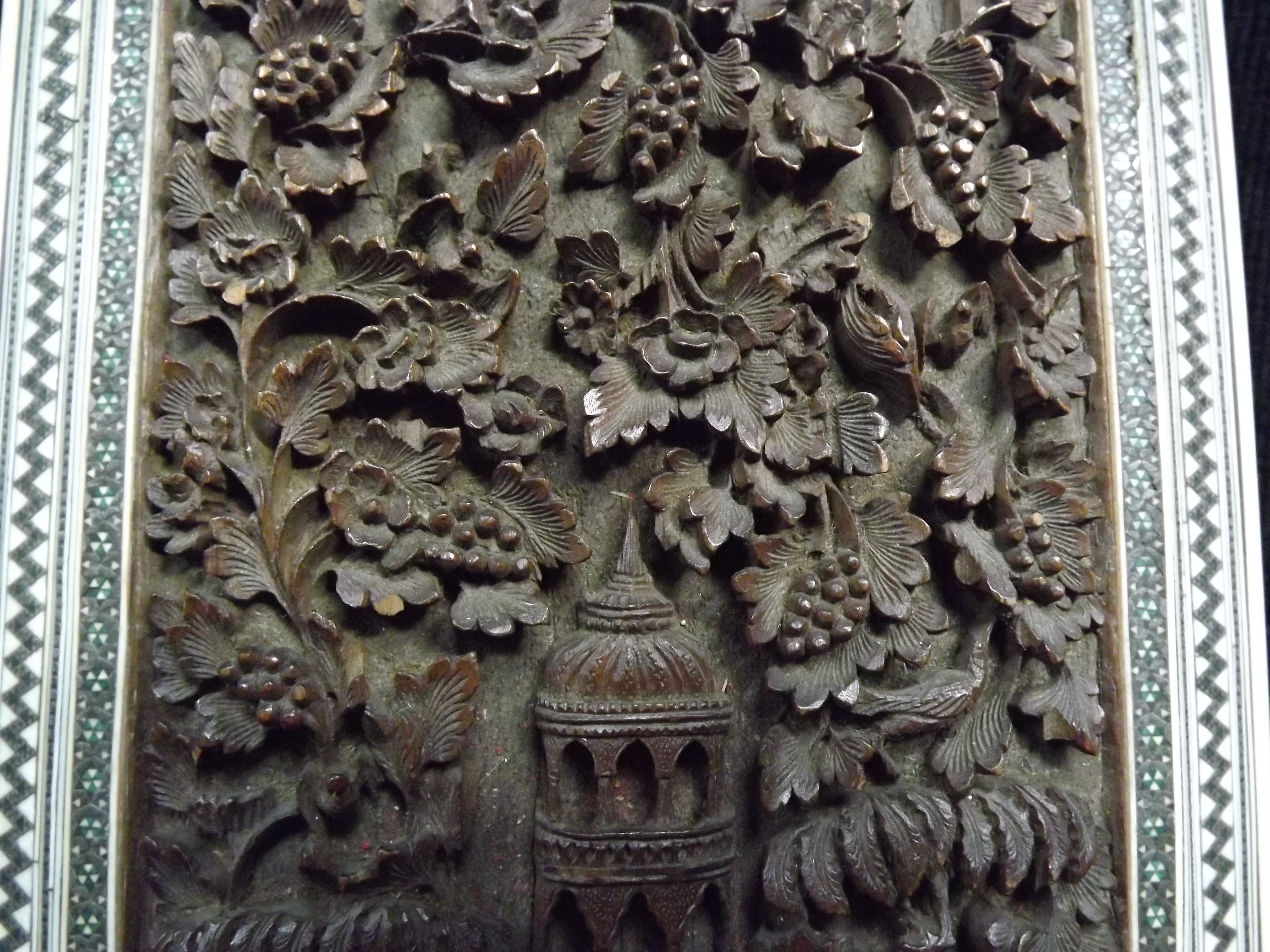 Indian Sadeli Vizagapatam Sandalwood Panel Carving. 19th / 20th century. Framed with Micro-mosaic - Image 2 of 7