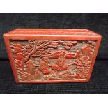 Chinese Wooden Box with Cinnabar or Red Lacquer. Two Scholars in a Mountain Scene. There are chips