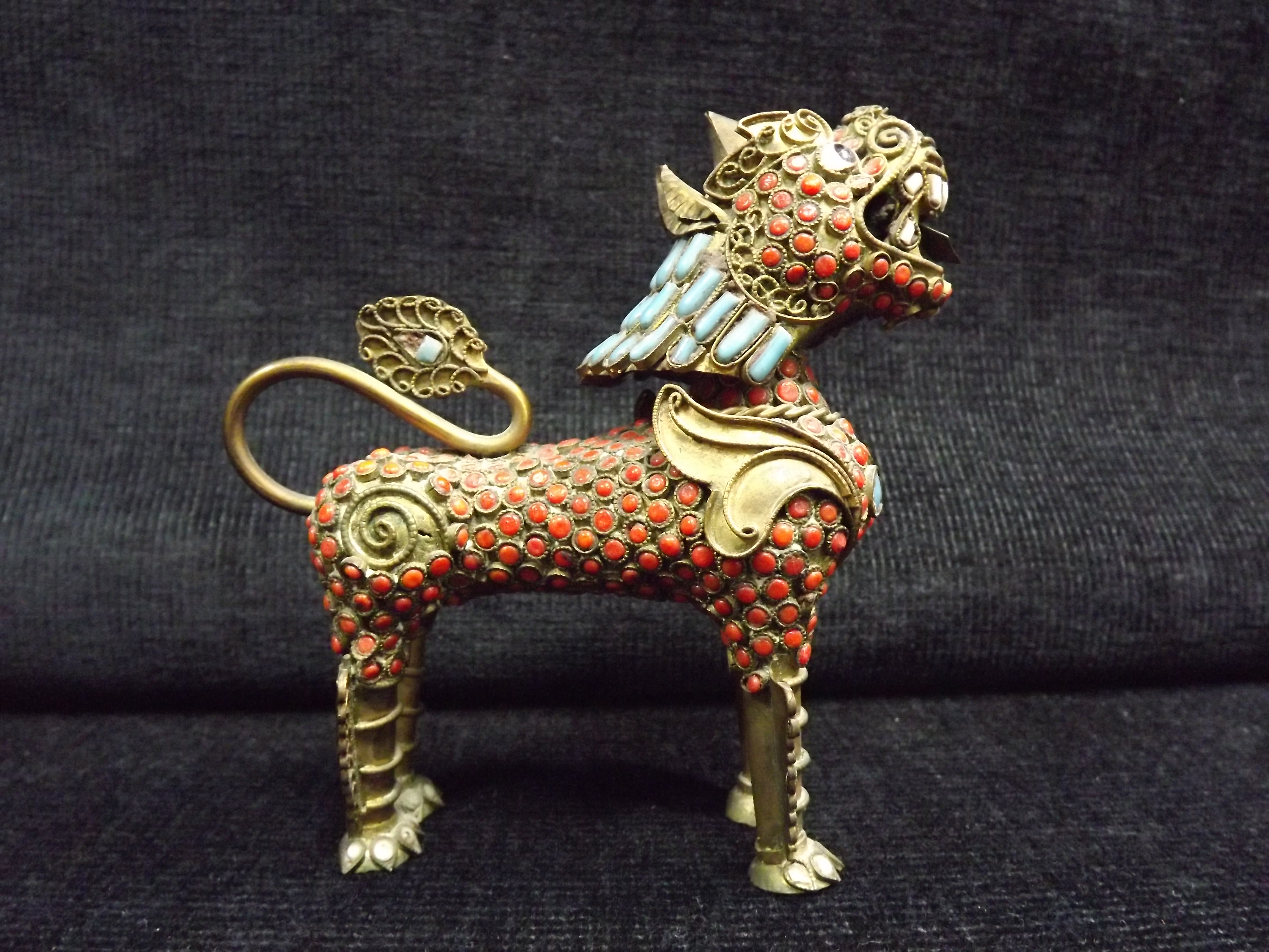 Chinese Gilt Metal and Cloisonne Enamel Qilin Figure. Fine detail, stone or glass eyes. White - Image 2 of 7