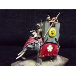 Roman War Elephant Miniature Cast Metal painted figure group. Mounted on to wooden board.