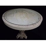 Chinese Heavy Carved Resin Table with circular glass top. Guan Yin in a Carriage with Attendants.