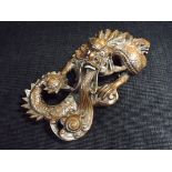 Chinese Hard Wood Carving of a Masked Imperial Dragon Chasing a Flaming Pearl. Glass or Stone