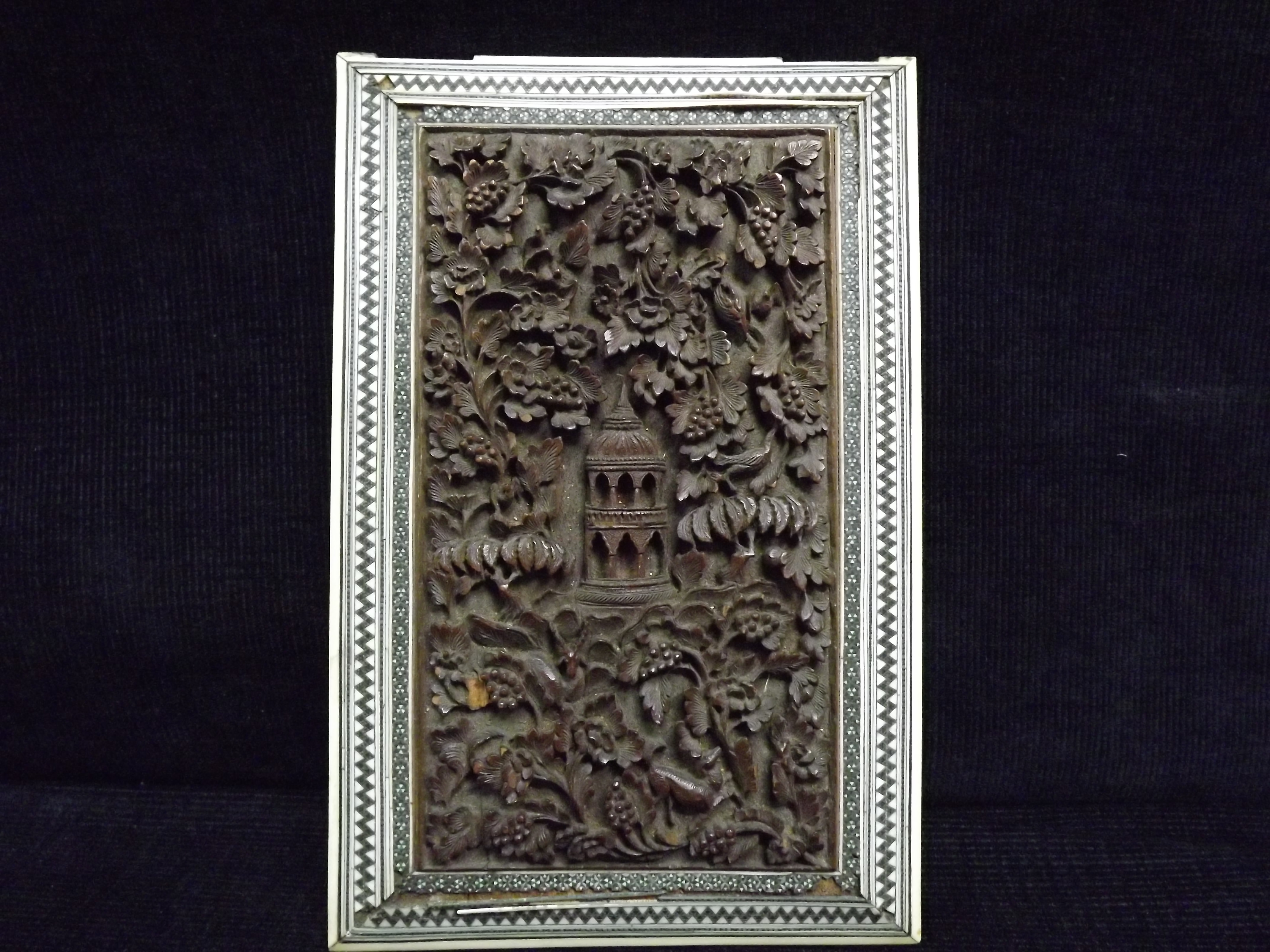 Indian Sadeli Vizagapatam Sandalwood Panel Carving. 19th / 20th century. Framed with Micro-mosaic