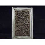 Indian Sadeli Vizagapatam Sandalwood Panel Carving. 19th / 20th century. Framed with Micro-mosaic