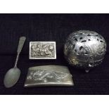 4 x Silver Metal Asian Art items. Chinese Spoon likely Silver with Character marks. White Metal