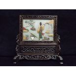 Chinese carved Soapstone Table Screen. Featuring a Garden Pagoda Scene. Framed in a carved wooden