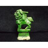 Chinese - Small Stoneware Guardian Lion on Plinth. Green Sancai Glaze, Black Eyes. Possible use as