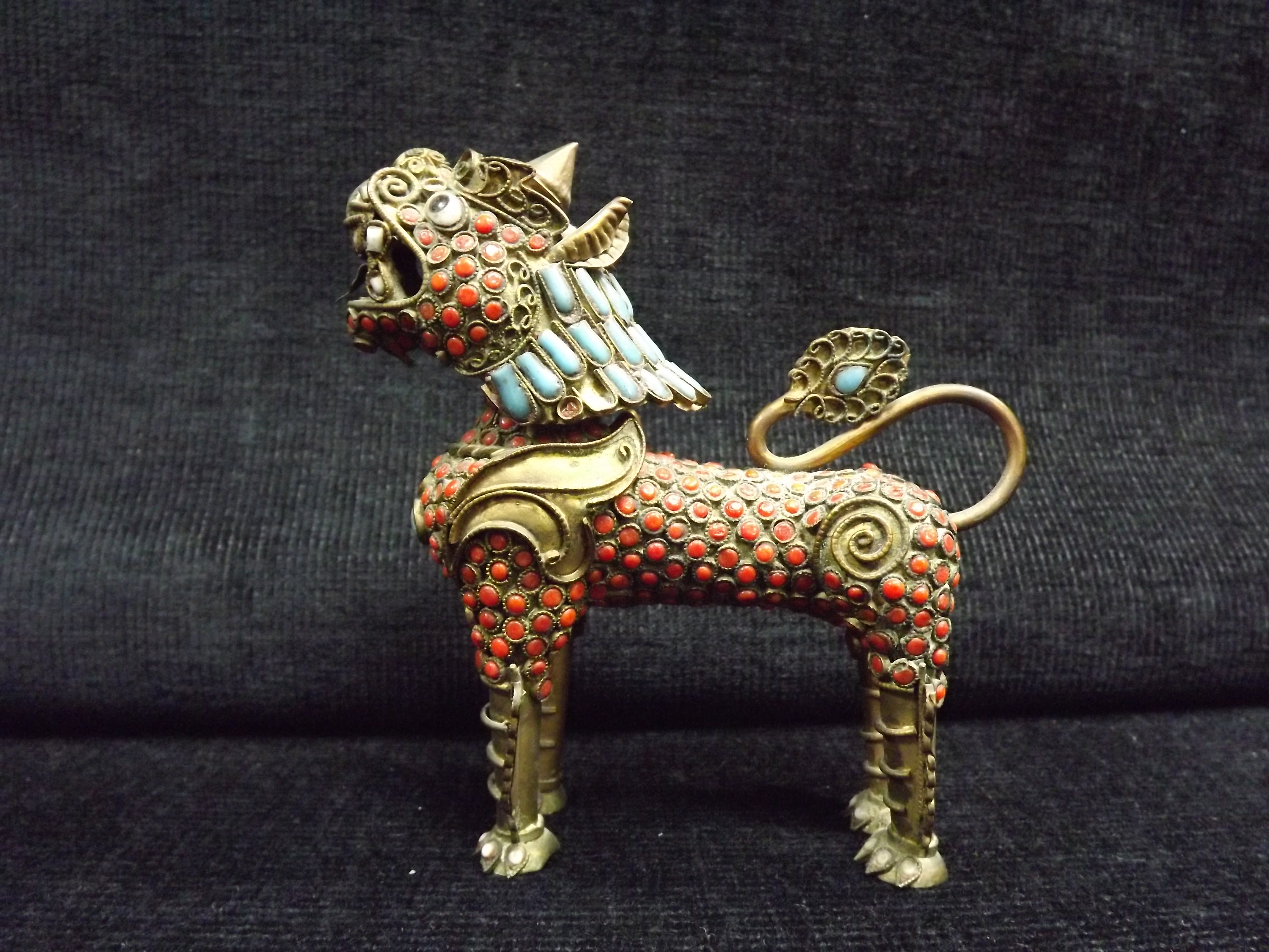 Chinese Gilt Metal and Cloisonne Enamel Qilin Figure. Fine detail, stone or glass eyes. White - Image 3 of 7