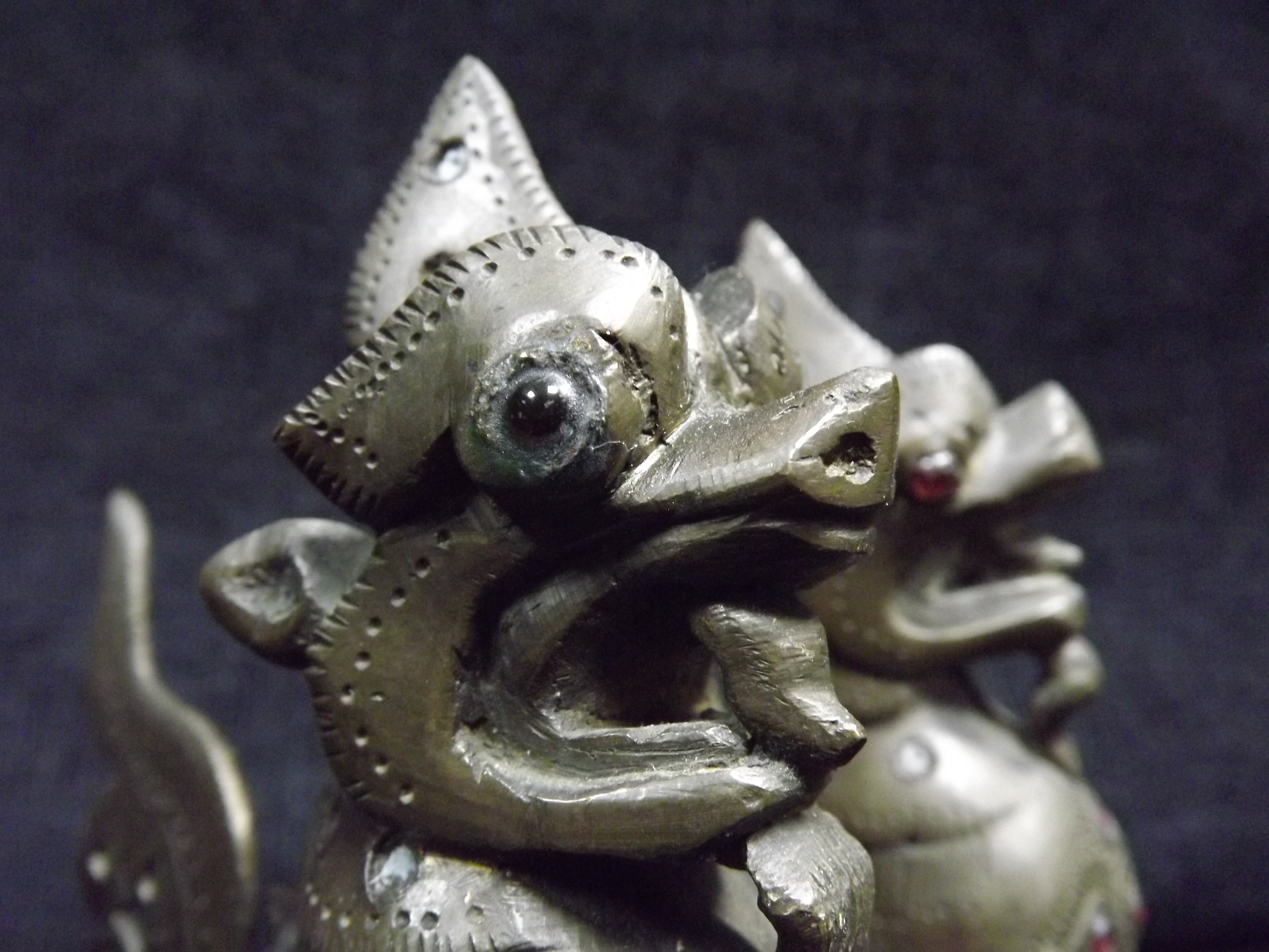 Pair of Chinese / Sino Tibetan - Gilt Bronze Mythical Beast. Glass or Stone Eyes and decoration. - Image 6 of 6