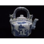 中国青花茶壶 Chinese Blue & White Teapot. Lakeside Mountains scene in panels, Cockrell handles, side
