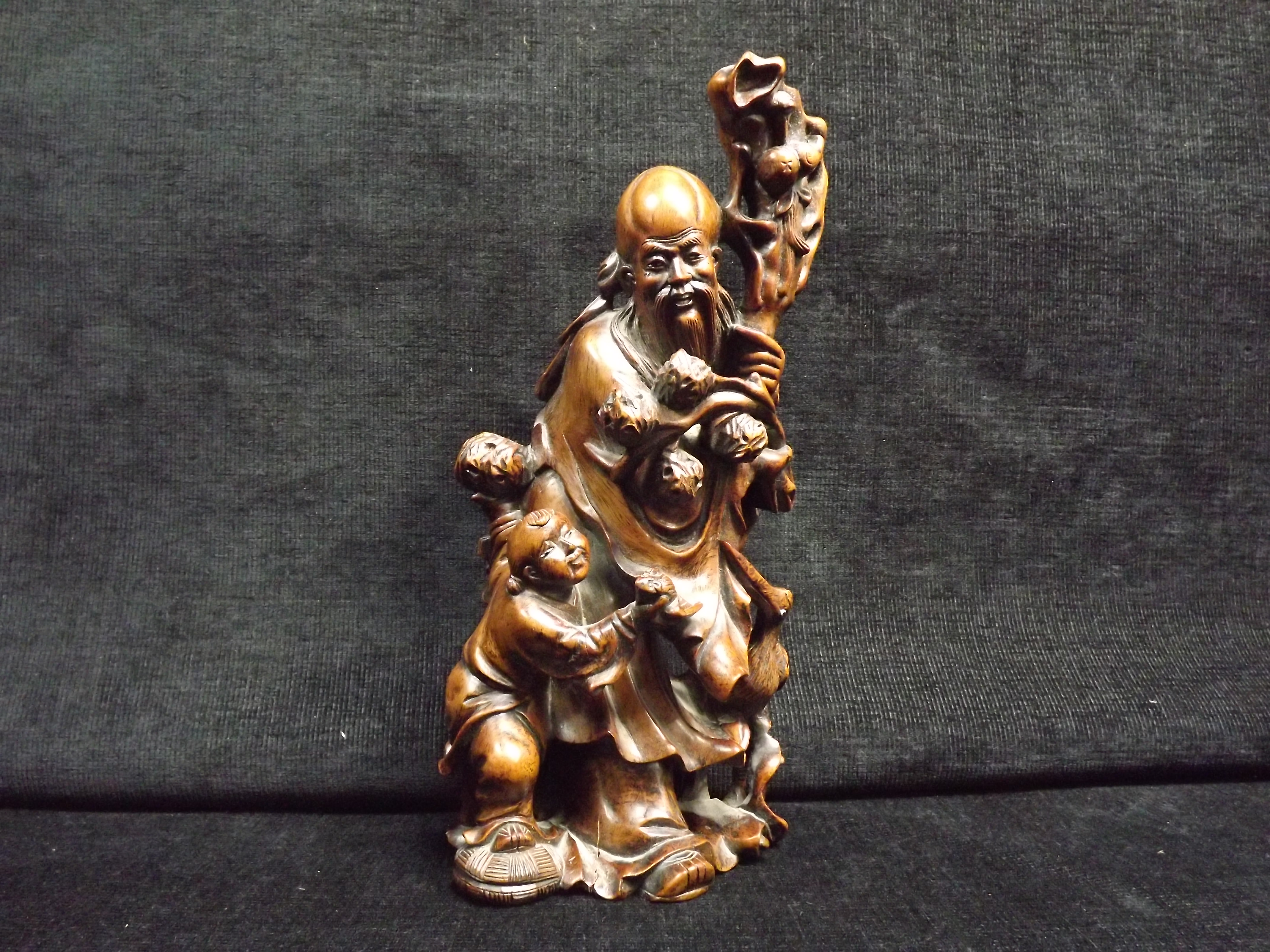 Chinese Hardwood Carving of Shou Lao. Carrying his gnarled staff with gourd bottle and a branch of - Image 3 of 9
