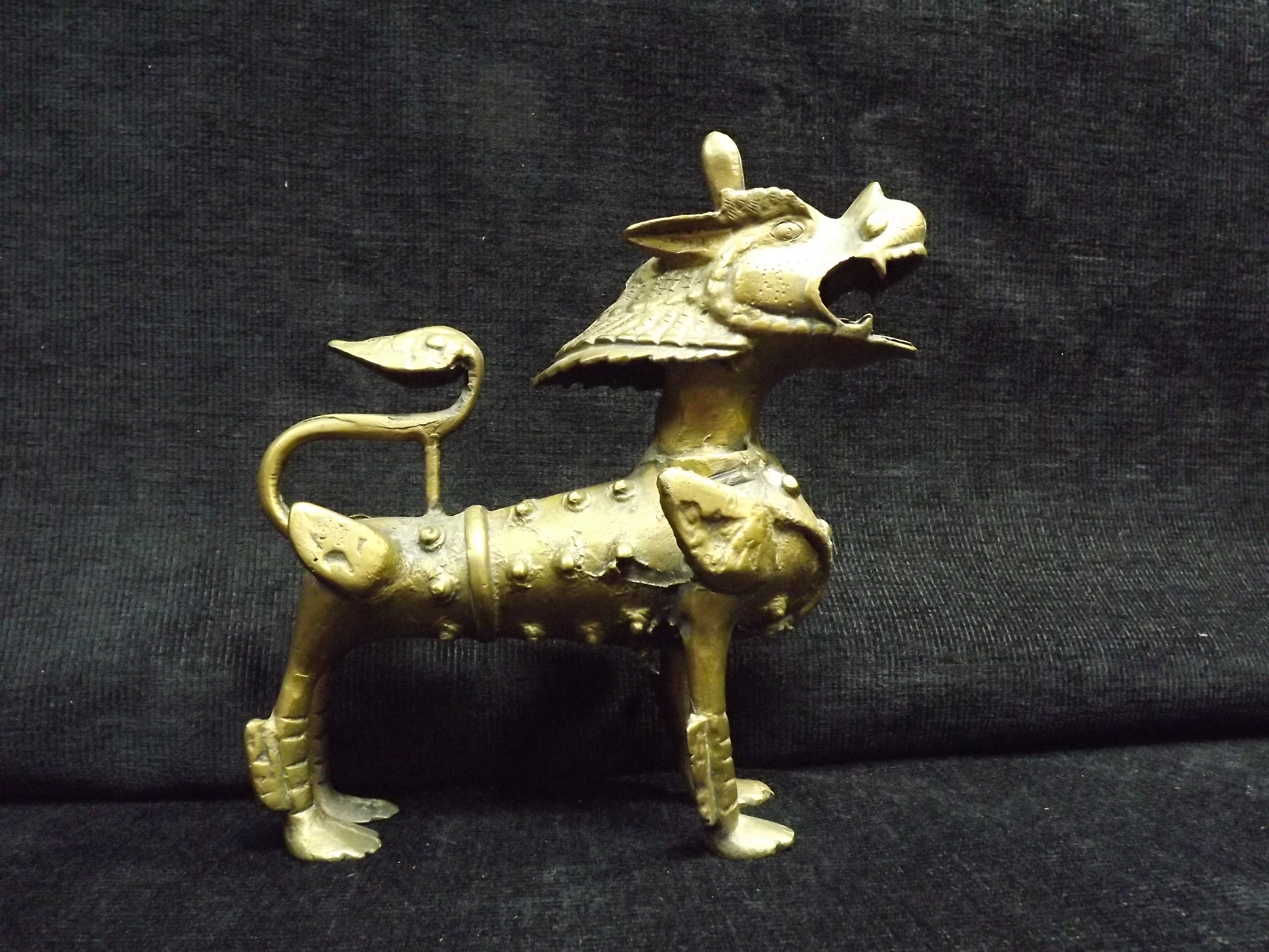 Chinese / Sino Tibetan - Gilt Bronze Qilin figure. Crude casting, generally good condition. 21.5cm - Image 2 of 6