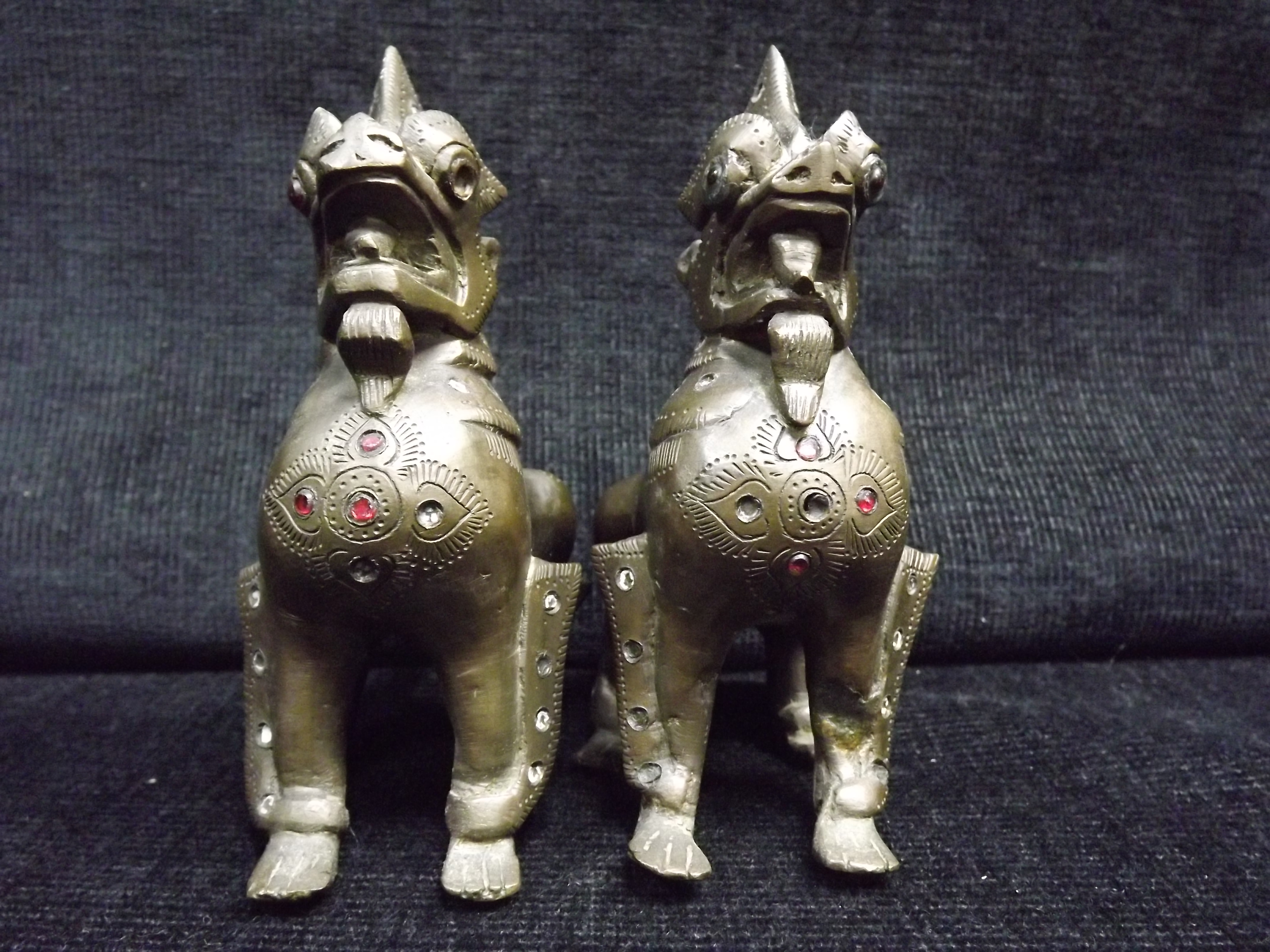 Pair of Chinese / Sino Tibetan - Gilt Bronze Mythical Beast. Glass or Stone Eyes and decoration. - Image 3 of 6