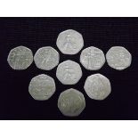 9 x U.K. 50p Pence Circulated Coins. WWII Wounded Soldier, Victoria Cross, Johnson's Dictionary