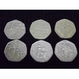 6 x U.K. 50p Pence Circulated Coins. WWII Wounded Soldier, Girlguiding, Victoria Cross, Johnson's