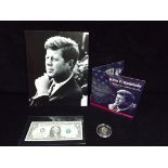U.S.A. Silver Coins, Dollar Note, Stamp and J.F.K. Photo. John F. Kennedy History Coin Set(1776-1975
