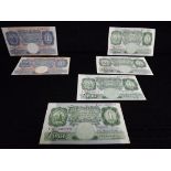 6 x Britannia One Pound Notes. Bank of England. 4 x Green and 32 x Wartime Issue Blue. Three of