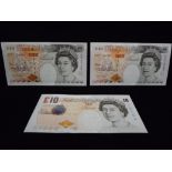 3 x Bank of England £10 Pound Notes. Possible light circulation on two. 1cm crease on bottom edge of