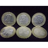 6 x U.K. £2 Circulated Coins. 2 x WW I Kitchener 'We Want You', Shakespeare, Darwin(dirty one side),