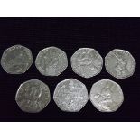 7 x Beatrix Potter 50p Circulated Coins. 1866-1943 Anniversary, Tom Kitten, Squirrel Nutkin,