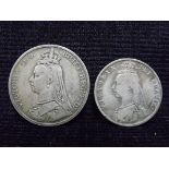 2 x Queen Victoria Coins. Royal Mint British Silver. 1 x Crown 1891 and 1 x Half Crown 1888. Some
