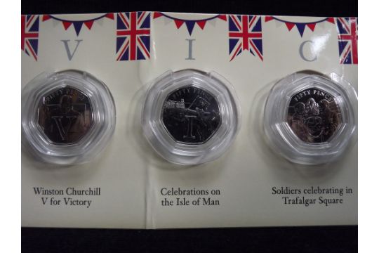 6 x Isle of Mann Uncirculated Mint 50p Pence Coins. In VE Day 75 Years Card Wallet. Some creases - Image 3 of 6