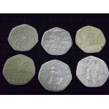 6 x U.K. 50p Pence Circulated Coins. Public Libraries, WWII Wounded Soldier, Girlguiding, Victoria