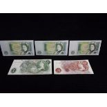 5 x GB Bank of England Currency Notes. 3 x Small size Uncirculated One Pound notes including 2 x