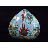Chinese Ruyi Head Trinket or Paste Seal Box. 3 x Dragon's Chasing a Flaming Pearl, Amongst the