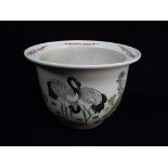 Chinese Famille Rose Planter. Decorated with Storks in a rocky garden scene. Peony, Chrysanthemum,