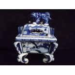 Chinese Blue and White Miniature Incense Burner. Decorated with Lakeside Scene, Mountains and