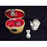 Chinese Cockerel Tea Set in a Wicker Basket. Decorated with the Cockerel's in a rocky garden