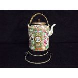 Chinese 19th Century Rose Medallion Teapot. Cartouches with Mandarin Scenes, Flowers, Birds and