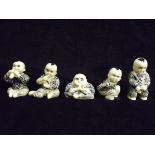 5 x Chinese Resin Figures of Budai with Four Children. Various Buddhist symbols to robes. Red Flower